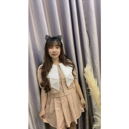 Ms: SP001003 Sét Áo Cổ Bèo Chân Váy Xếp Ly Bigsize Quỳnh Anh 55kg Đến 100kg (M/L/XL/XXL)