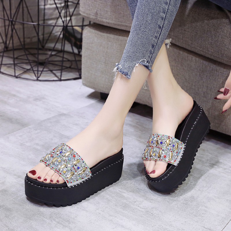 Dép Nữ Đế Xuồng Cao Gót Quai Ngang Đính Đá Cườm Cao 7Cm