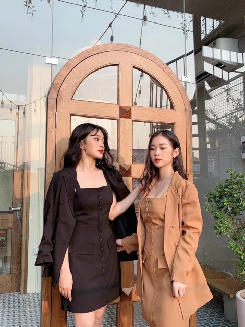 SET ĐẦM NÚT BỌC KHOÁC ĐEN - NÂU