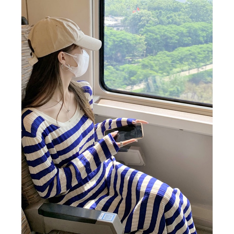 QKOOLE  Đầm Dệt Kim Tay Dài Kẻ Sọc Thời Trang Hàn Quốc Cho Nữ