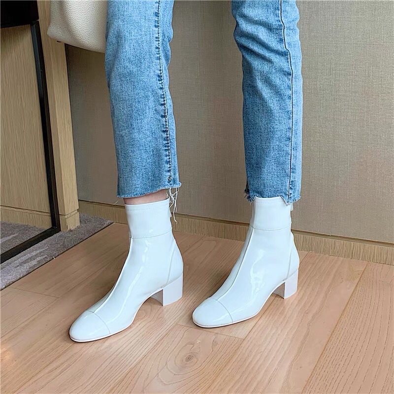 Bốt nữ cổ lửng da bóng Cao Cấp ChNel - giày boots nữ cao gót khoá sau hàng VIP