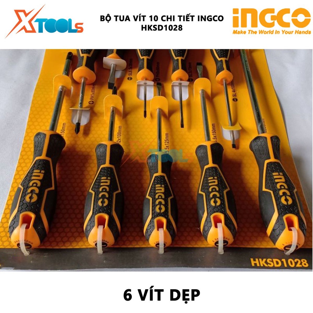 Bộ tuốt nơ vít 10 chi tiết INGCO HKSD1028 bộ 10 tua vít chất liệu thép crv, tay cầm bọc nhựa gồm 6 vít dẹp, 4 vít bake v