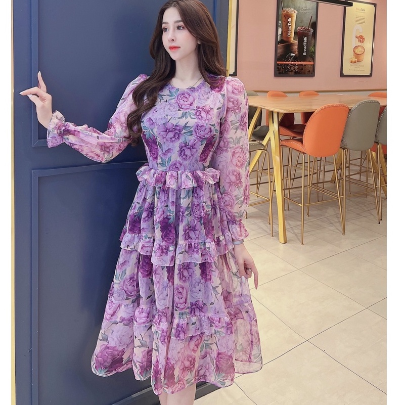 Đầm xòe tầng cách điệu LAMINU thiết kế, váy tiểu thư dài tay, chất tơ mỏng nhẹ 2 lớp