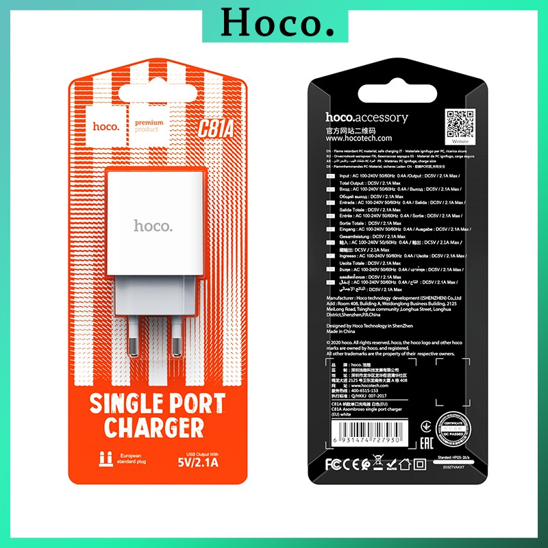 Củ Sạc Nhanh Hoco C81A USB 2.4A cốc sạc Phích Cắm EU Cho Điện Thoại iPhone Samsung Cục Sạc