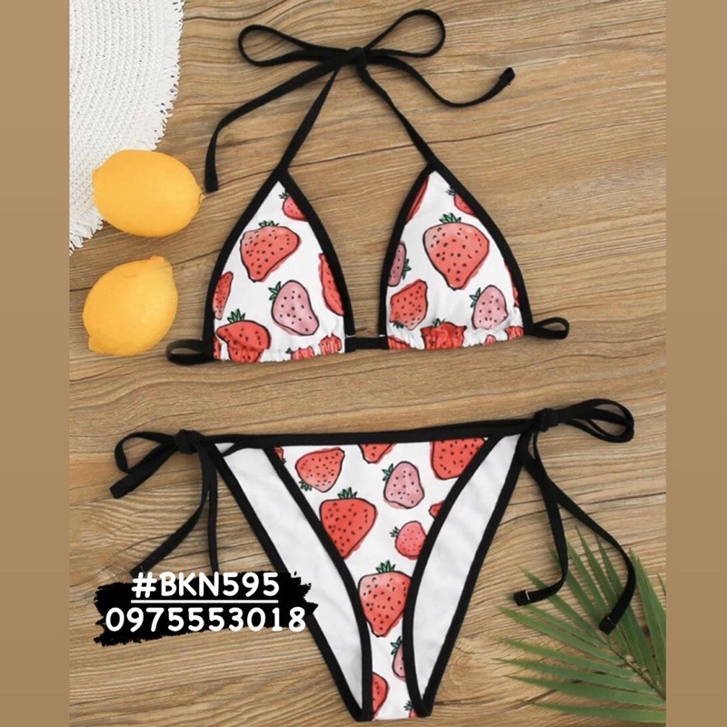 [BKN595] &lt;ÂU&gt; SET BIKINI QUẢ DÂU VIỀN ĐEN