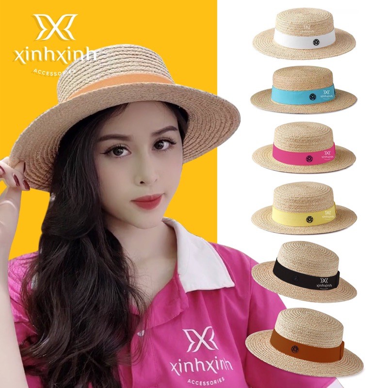 Mũ cói tự nhiên gaucho cao cấp ruy băng màu - Xinh Xinh Accessories