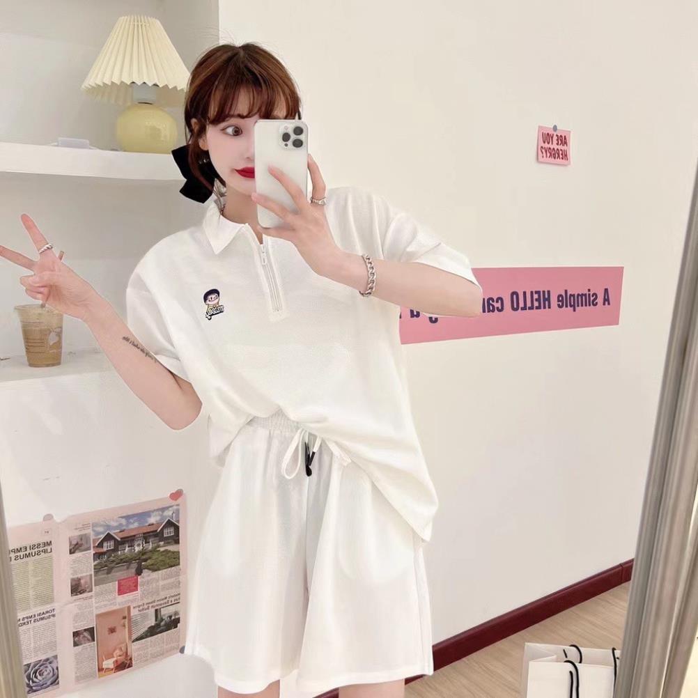 Set Bộ Đùi Cute Chất Coton Tàu Freesize Dáng Rộng Cá Tính Gồm Áo Phông Polo Cổ Bẻ Quần Đùi Short Đi Chơi Bt