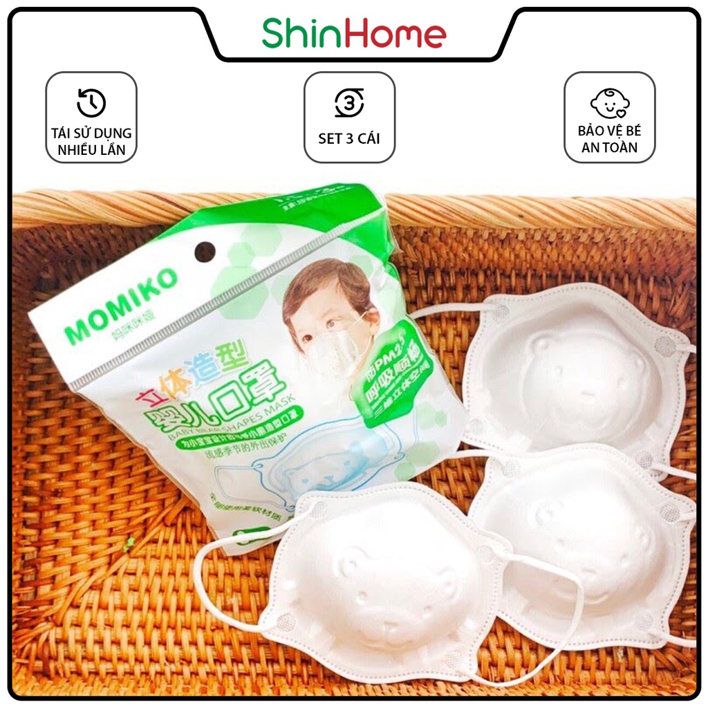 Gói 3 khẩu trang gấu 3D mask trẻ em cho bé trai bé gái sơ sinh 0-2 tuổi ShinHome Baby