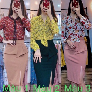 Set sơ mi thư ký kim + chân váy bèo hot hit 10595