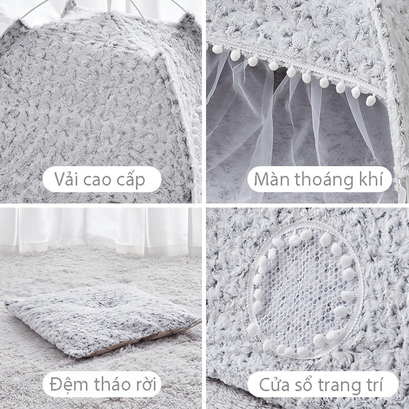 Nhà cho thú cưng có khung sắt chắc chắn có thể gấp gọn – Lều cho chó mèo bằng sợi fabric họa tiết hoa hồng