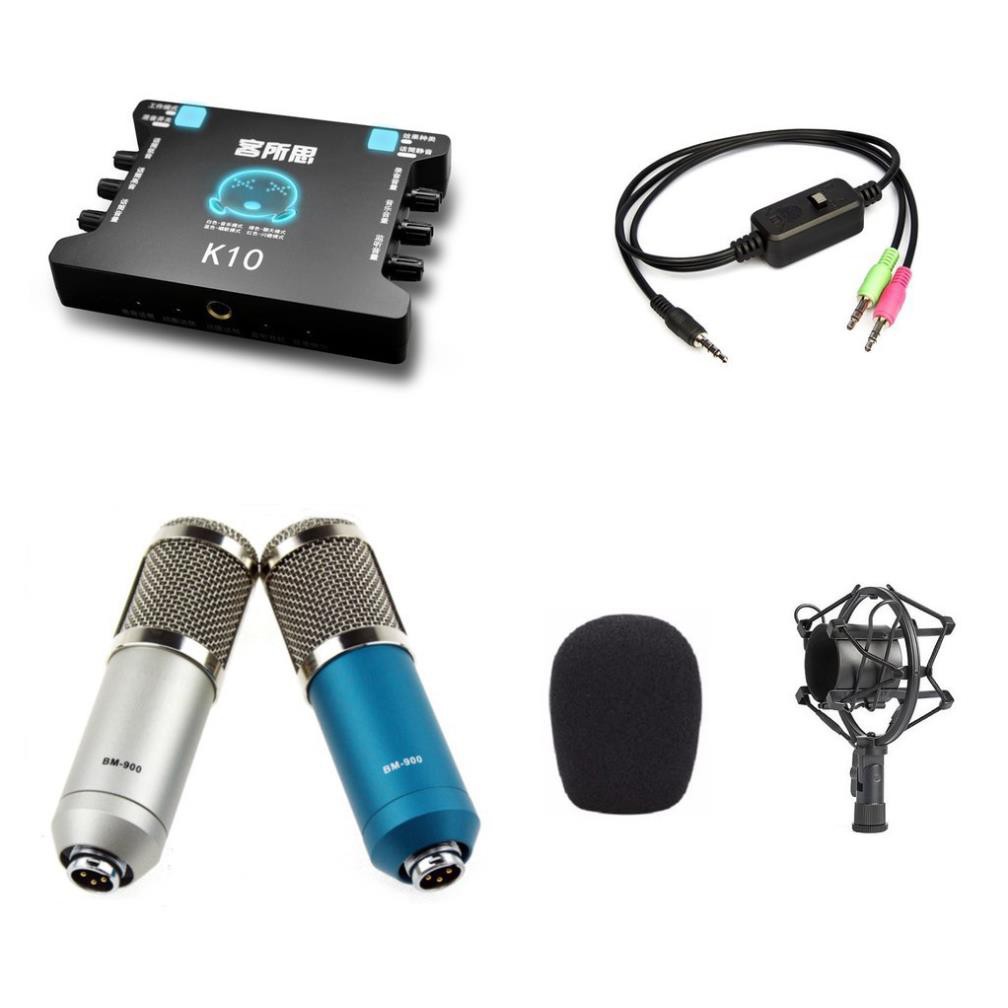 Combo Bộ Hát Livestream Thu Âm Mic BM900 Sound Card K10 Tặng tai nghe chụp