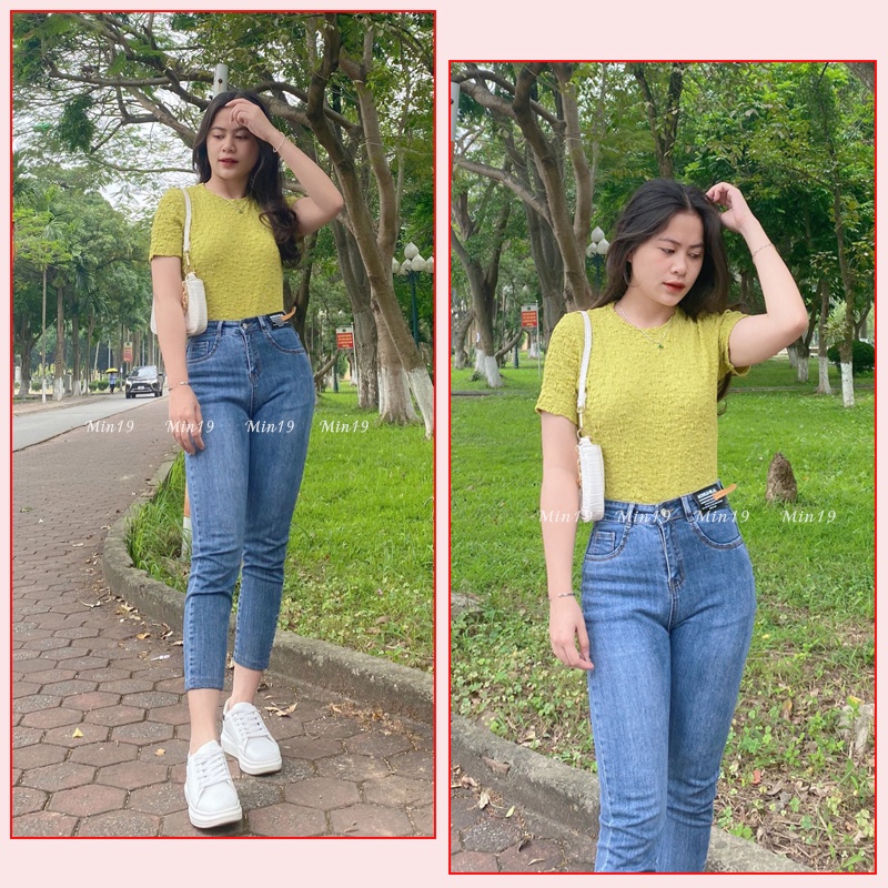 Áo Thun Nữ Tay Ngắn MIN19 Áo Phông Nữ Đẹp Cổ Tròn Dáng Ôm Vải Cotton Nhăn Màu Trắng Nâu Xanh Be Thời Trang Hàn Quốc | BigBuy360 - bigbuy360.vn