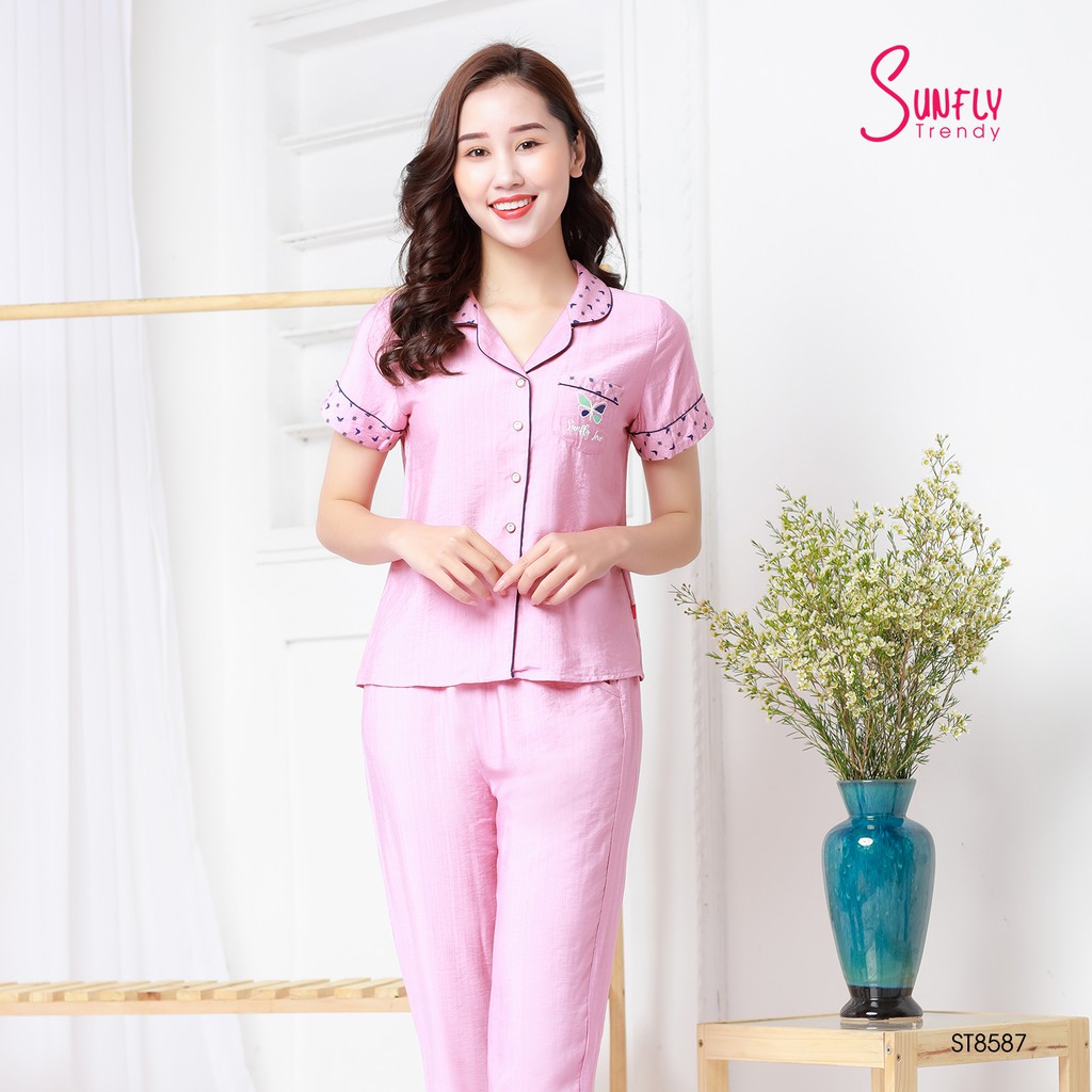 [Mã WABRWA15 giảm 15% đơn 300K] Bộ pijamas Linen áo cộc, quần dài Sunfly ST8587