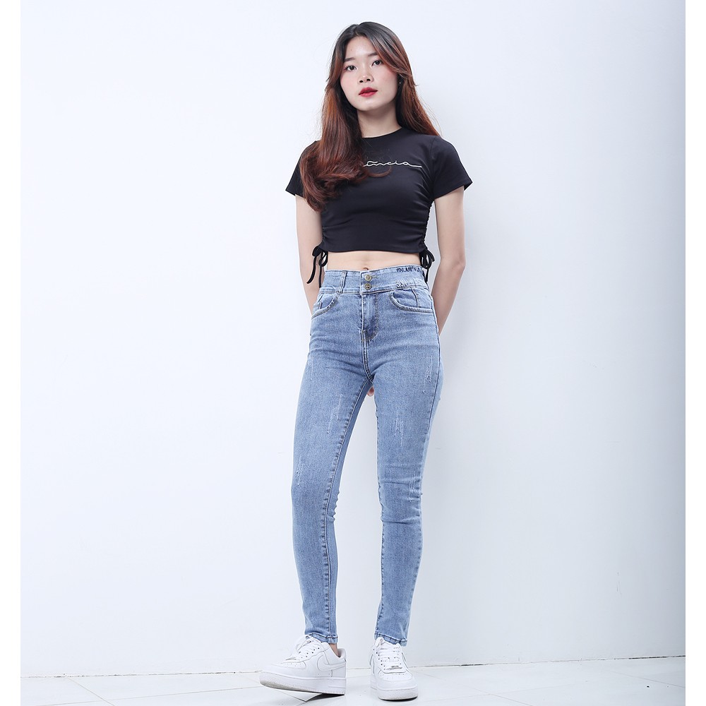 Quần jeans nữ co giãn SAIGONJEAN cạp thường lưng bản lớn mài xước màu xanh xám QD030 - quần bò nữ ulzzang