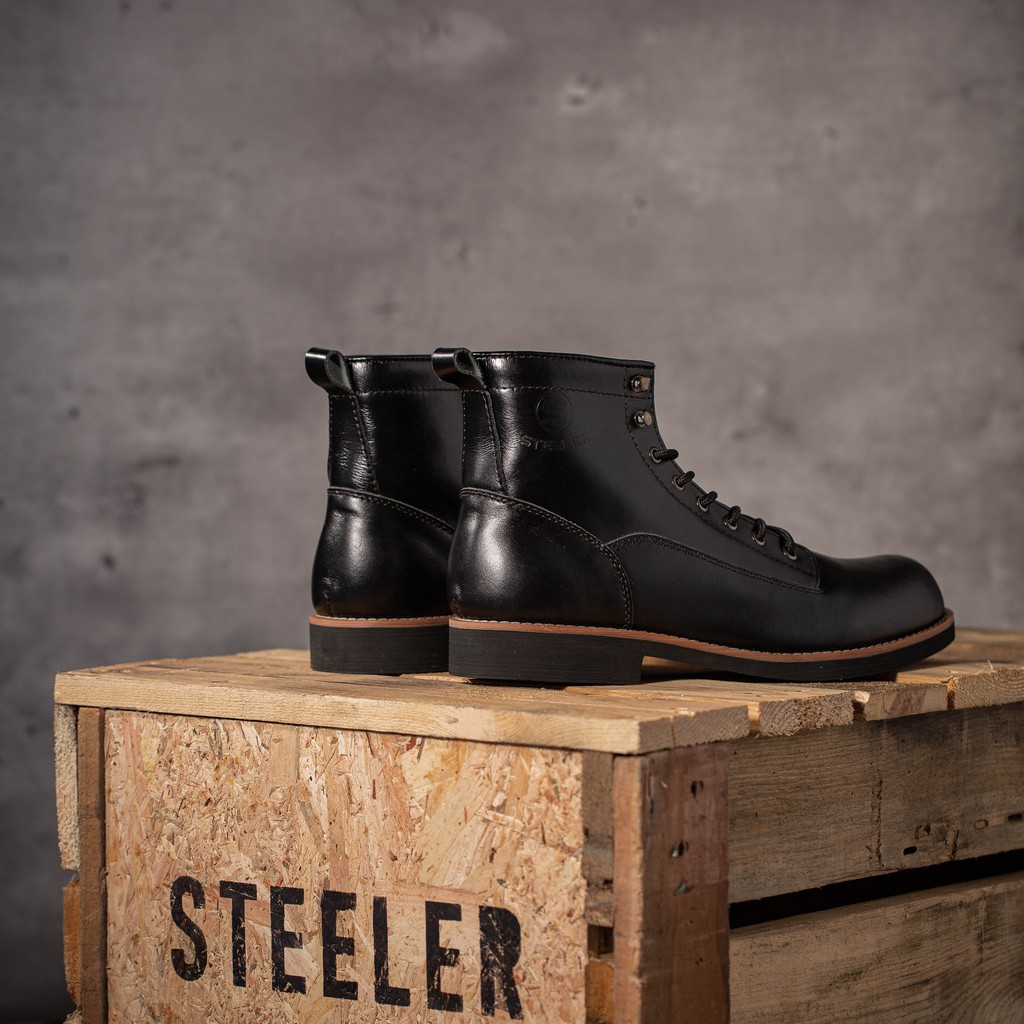 Giày boot nam da bò sáp cao cấp cổ cao . LINEMAN ĐEN SÁP - STEELER , đế khâu , phong cách workwear