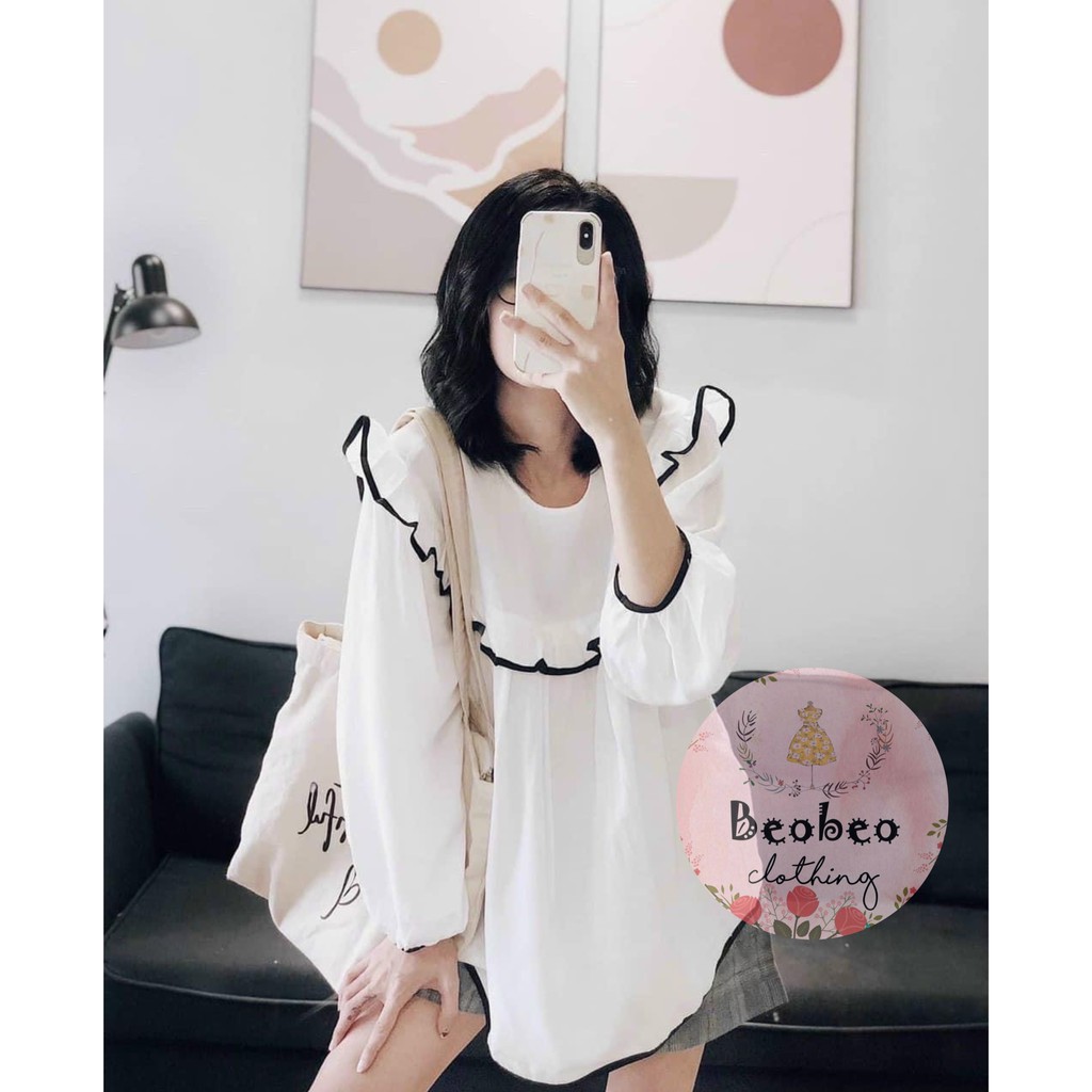 Áo babydoll sơ mi tay bo phồng bèo viền đen dễ thương