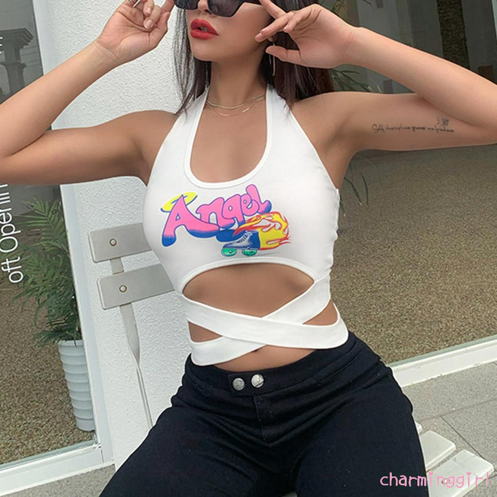 Áo lửng cổ chữ u in chữ Angel hoạt hình gợi cảm cho nữ