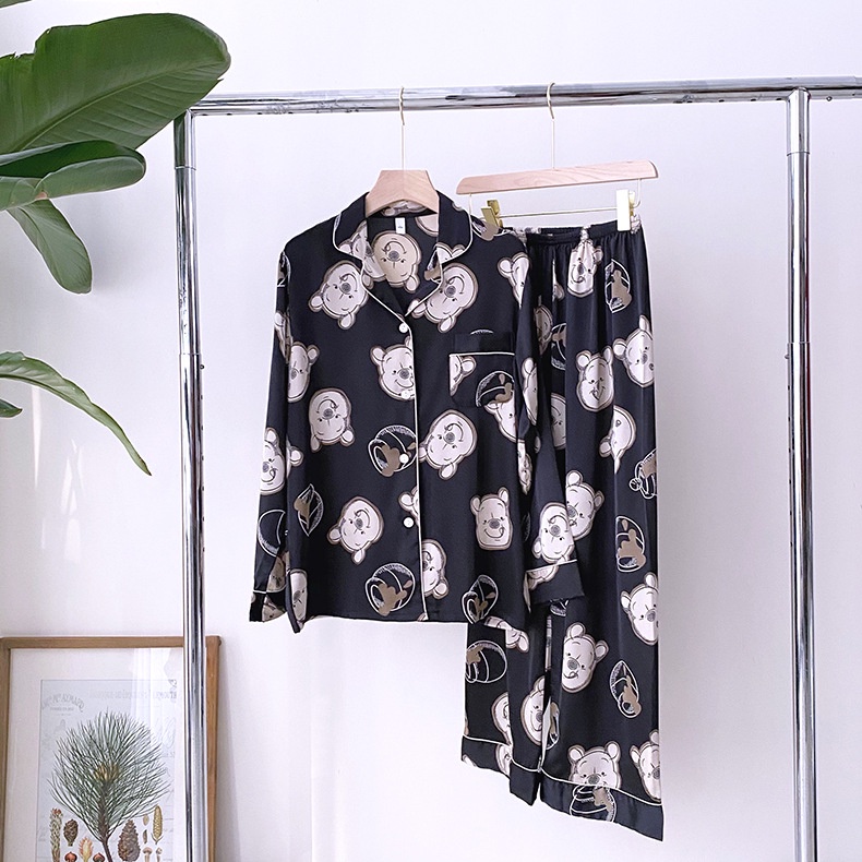 Bộ đồ ngủ pijama hoạ tiết gấu pooh lụa bóng nam nữ Bigbang Luxury Dành cho cặp đôi mặc nhà