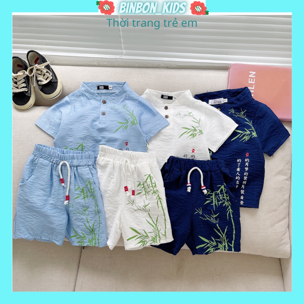 Bộ cộc tay cho bé trai Binbon kids, Đồ bộ bé trai Chất đũi in hình Cây Tre cực mát cho bé 6-28kg QATEA68