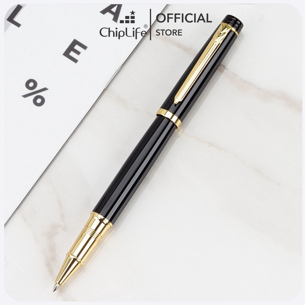 Bút kim loại khắc tên PICA CHIPLIFE P028 - Đen viền vàng ngòi 0.5mm mực xanh