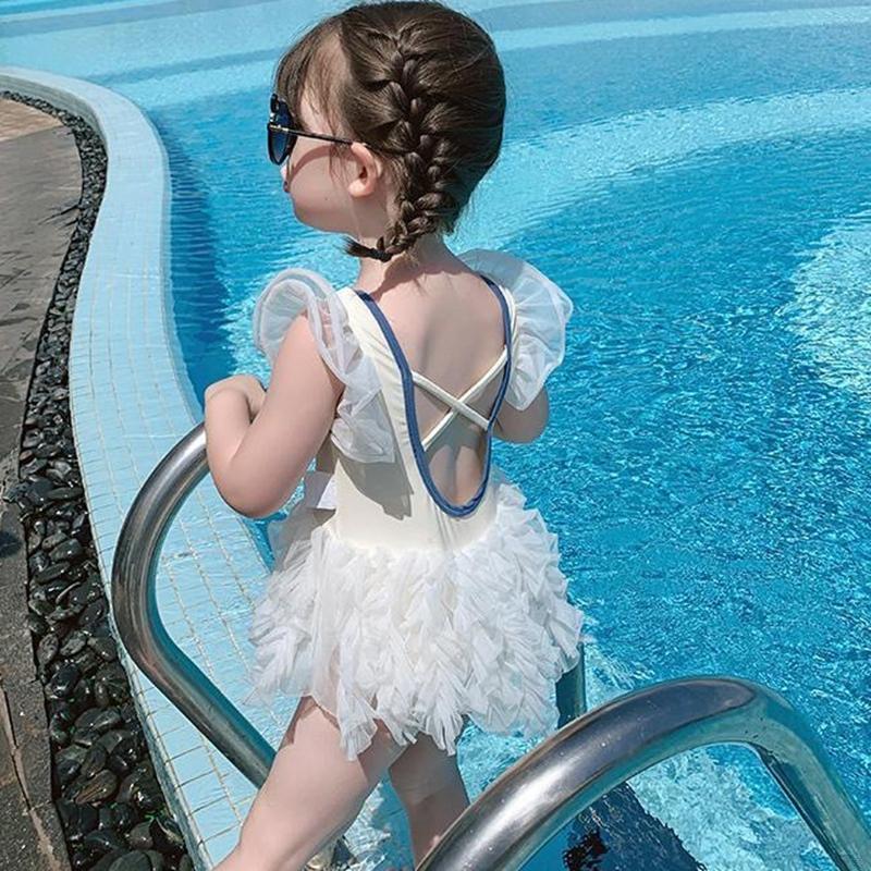 Bộ váy bơi liền thân phối ren lưới hở lưng xinh xắn cho bé gái