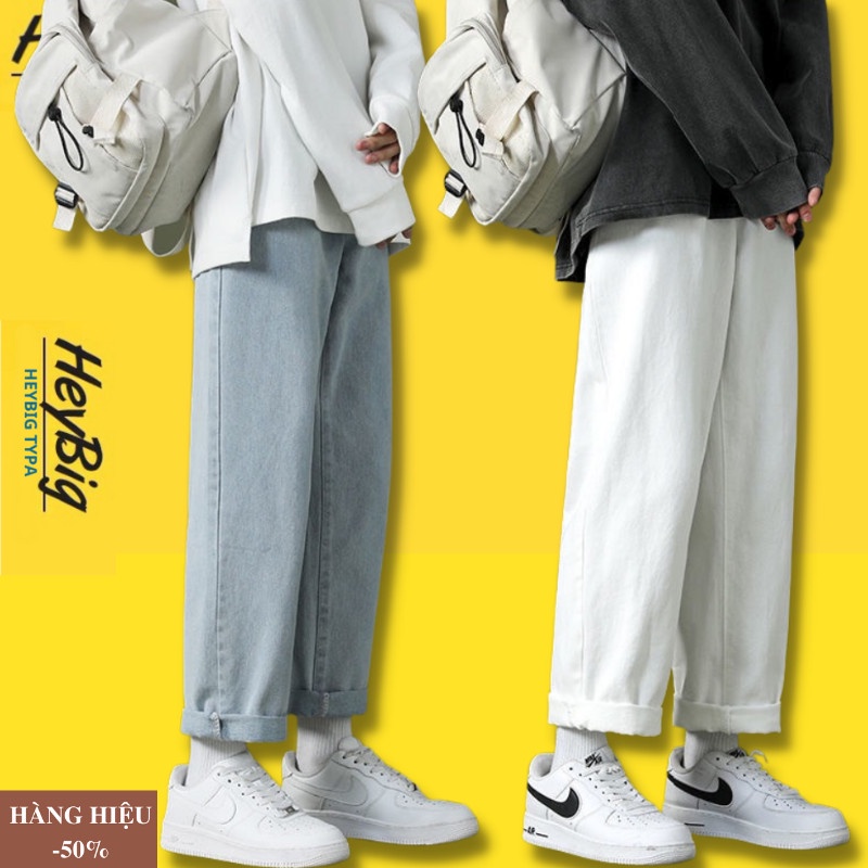 quan jean nam baggy ống suông rộng dáng đứng vải jean, quần bò jeans 3 mầu trắng xanh đen cao cấp HEYBIG hothit2022