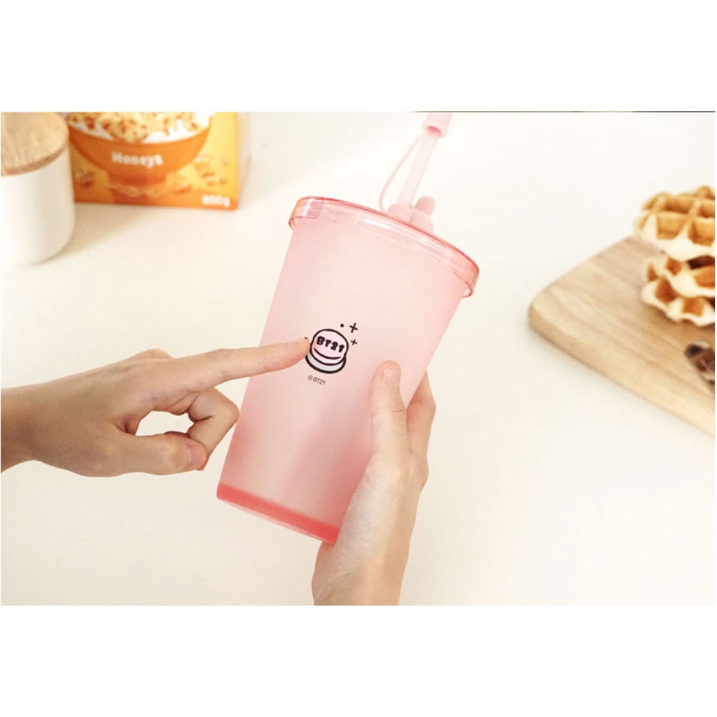 Ly Uống Nước mini BT21 Dung Tích 650Ml Có Ống Hút In Hình BT21 Phong Cách Hàn Quốc