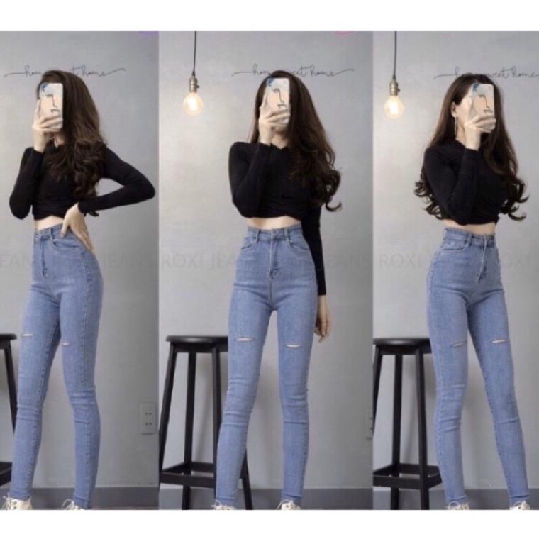 Quần Jean Skinny Rách 2 Đùi Ngang, Lưng Cao Qua Rốn, Chất Co Giãn 2 Màu Đen/Xanh Nhạt * !