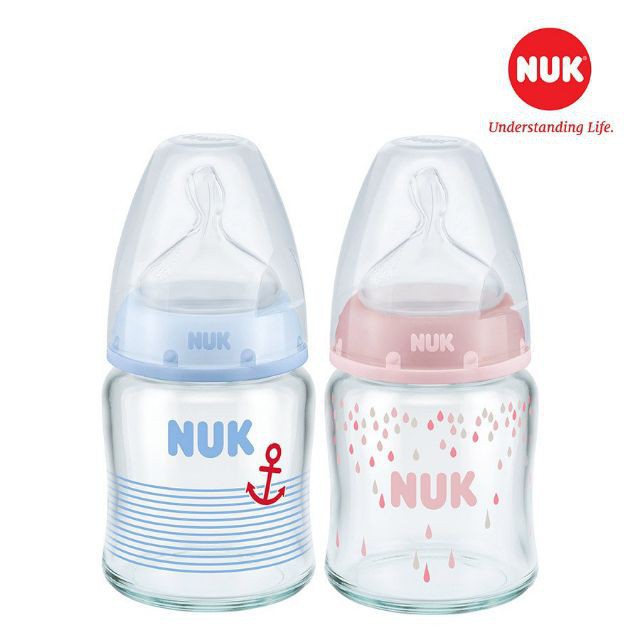 Bình Sữa Nuk Thủy Tinh 120ml Đi Kèm Núm Ty Silicone Cổ Rộng Made in Germany