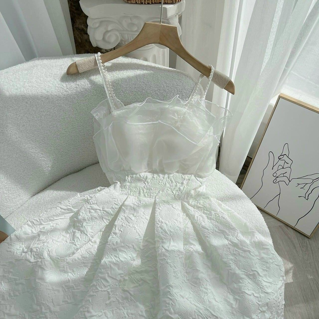 [8.8 Sales Freeship] Đầm gấm 2 dây voan bèo ngực, đầm gấm tiểu thư đi tiệc dây đính ngọc màu trắng đen sang trọng dx