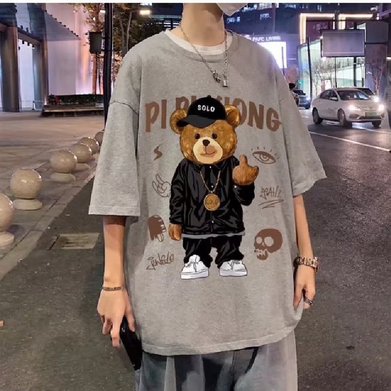 Áo Thun Tay Ngắn Dáng Rộng In Hình Chú Gấu Phong Cách Hip Hop Đường Phố Cho Nam Và Nữ Cỡ Lớn M-8XL