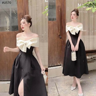 Đầm dự tiệc trễ vai đen phối bèo nude Choco Dress