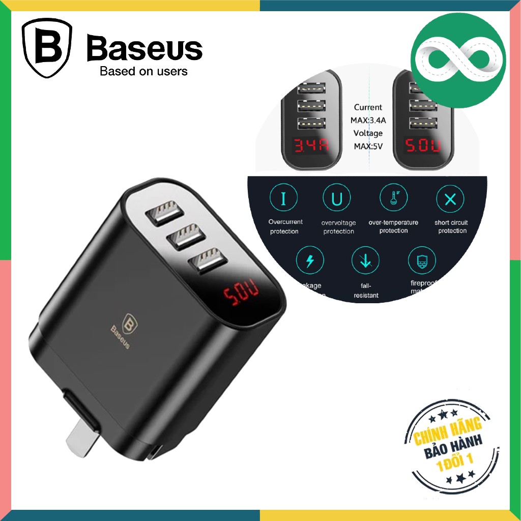 Củ sạc 3 cổng Baseus - Sạc 3 thiết bị cùng lúc- Hàng Chính Hãng - Bảo Hành 12 tháng