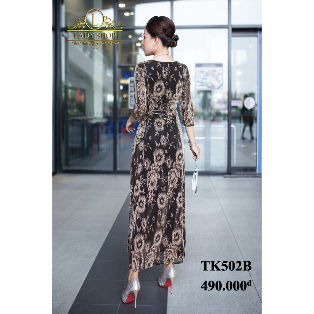 Thời trang trung niên -  Đầm quý bà cao cấp - Ladyshop - Đầm maxi ren nhũ hoa hồng vàng TK502