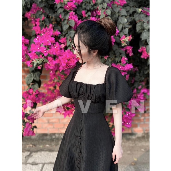 Đầm midi trắng cổ vuông nhún ngực nút bọc tay phồng (về thêm xanh, đỏ, nude, cam) | BigBuy360 - bigbuy360.vn