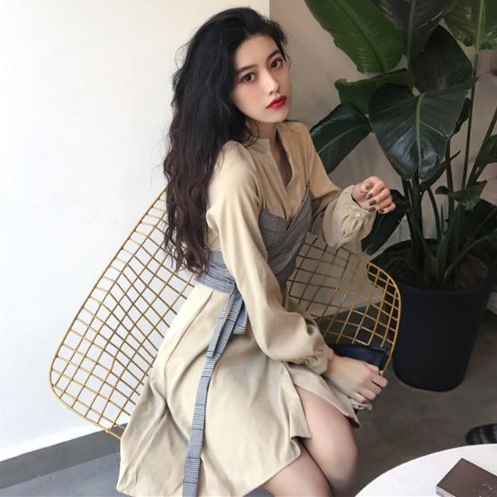 Đầm Tay Dài Giả Hai Mảnh Thắt Dây Eo Họa Tiết Kẻ Ô Vuông Thời Trang 2022 Mới Dành Cho Bạn Nữ