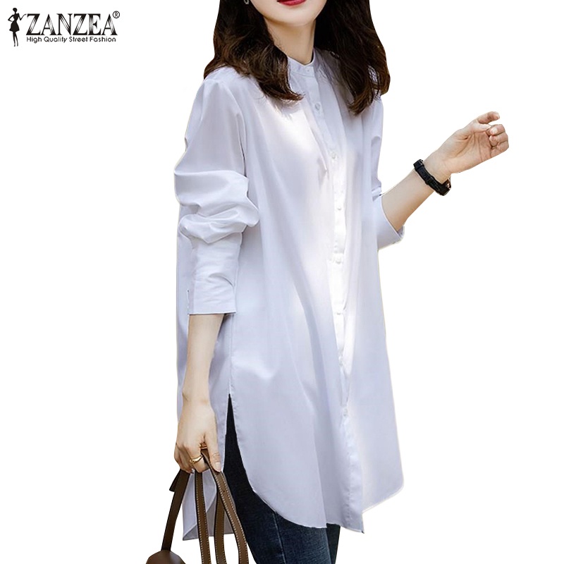 Áo sơ mi ZANZEA dáng rộng cổ tròn tay dài màu trơn cài nút sành điệu nữ tính