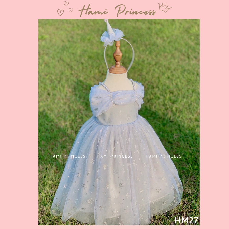 Váy Công Chúa Trễ Vai Ghi Nhạt HM27 Cho Bé Gái HAMI PRINCESS ❤️ Tặng Kèm Phụ Kiện