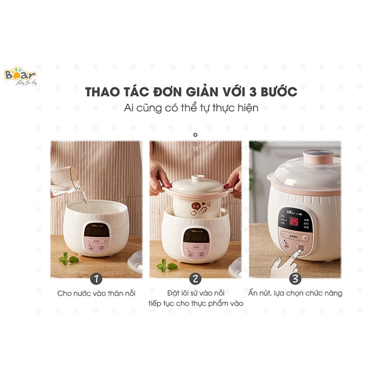 Nồi nấu chậm 0,8L Bear  đa năng nấu cháo, hầm, ninh lõi bằng gốm cao cấp giữ nhiệt lâu Gia dụng Bear Tuli Mart