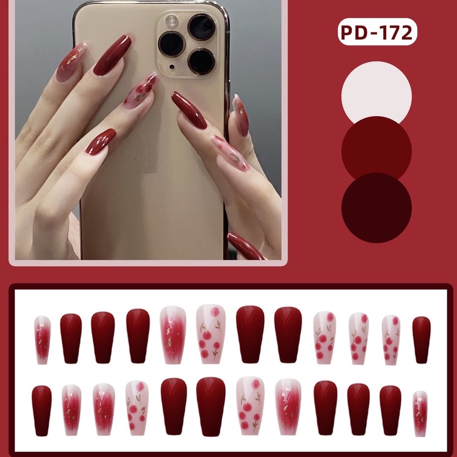 Set 24 móng tay giả dài vuông thiết kế thời trang Jojo PD172 móng giả nailbox rẻ đẹp sanh chảnh kèm keo dán tự gắn