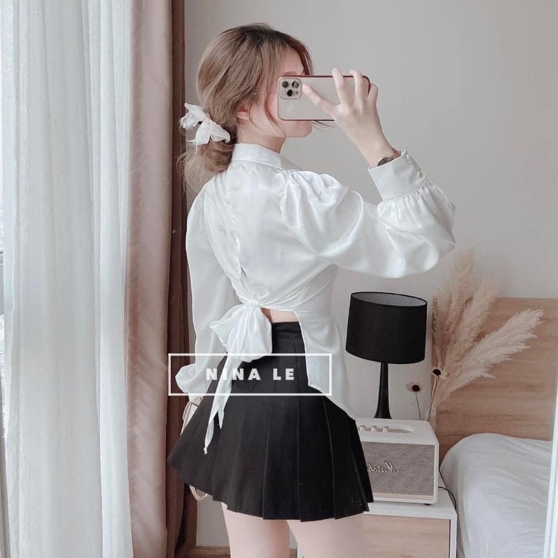 Áo sơ mi lụa nơ lưng khuy ngọc tay bồng
