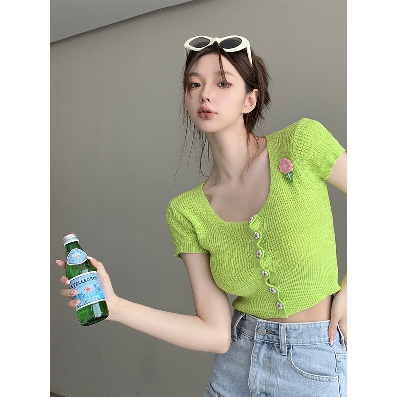 Áo Cardigan Ngắn Tay Cổ Vuông Phong Cách Hàn Quốc Thời Trang Cho Nữ