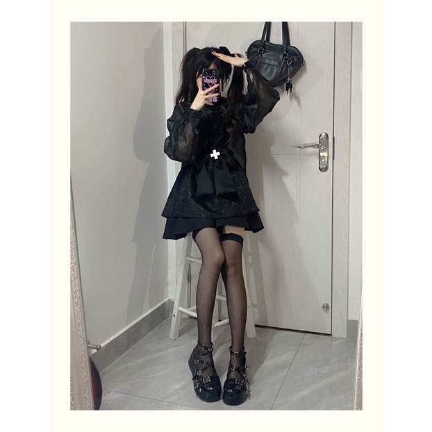 YAS0340-Set váy hoa hồng đen phong cách Trung Hoa cá tính