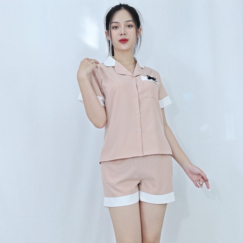 Bộ đồ bộ Pijama NGẮN CÀ PHÊ SỮA PHA CỔ TRẮNG ĐIỂM NHẤN NƠ TÚI CỰC XINH vải  lụa cao cấp -  Thoải Mái Nhẹ Nhàng