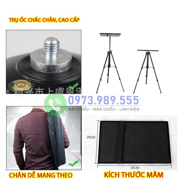 Giá để máy chiếu 3 chân hợp kim nhôm màu đen sang trọng. Tripod có mực nước thăng bằng và tay quay nâng hạ hiện đại.