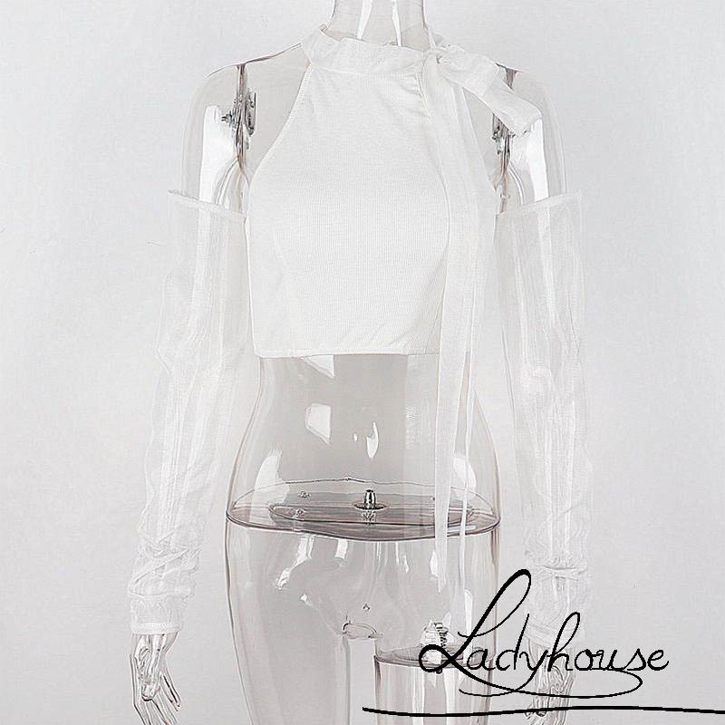 LDDWomen Casual Crop Tops, Solid Color Mock Neck Slim-Fit Bandage Tops with Sleeves, White