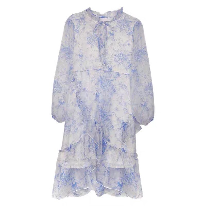 Váy trắng voan hoa nhí xanh da trời đuôi cá dáng dài Ulzzang