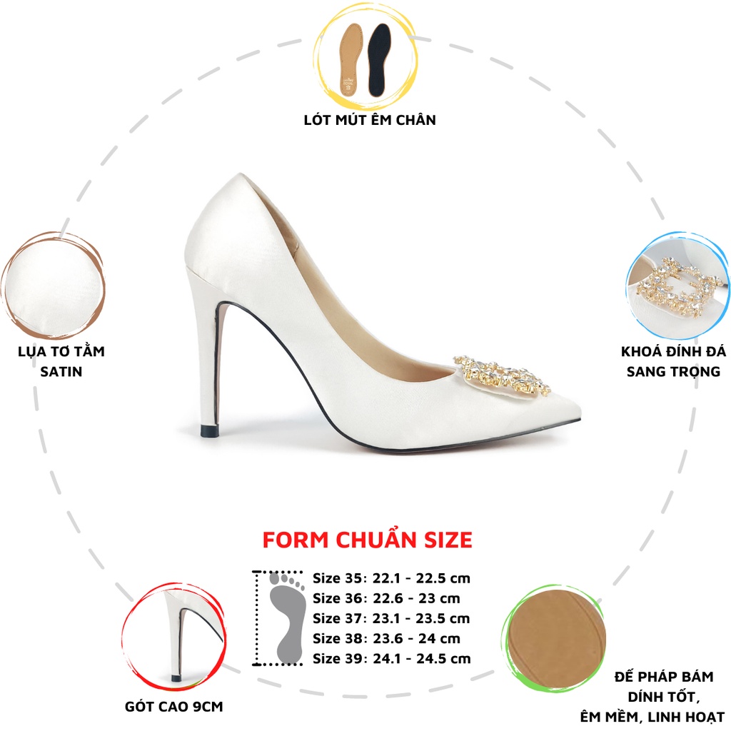 Giày cao gót 9p mũi nhọn khoá đính đá LEAFGOLD HADU M944 lụa tơ tằm satin