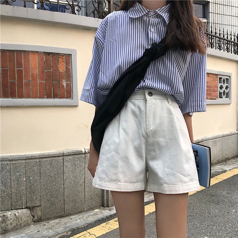 Quần short denim IELGY lưng cao dáng rộng màu trơn phong cách Hàn Quốc dành cho nữ
