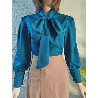 áo sơ mi nữ lụa cổ nơ xanh cổ vịt